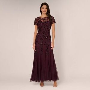 Adrianna Papell Burgundy Beaded Formal Gown SZ 8 Evening Dress NWT GALA MOB maxi